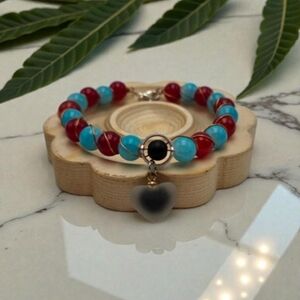 Handmade wirewrapped Elegant Red and Blue Beaded Bracelet with Heart Charm